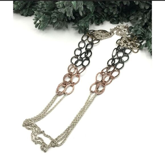 Premier Designs Necklace Silver Gunmetal Copper Tri Tone Layered Chains 26" - Picture 14 of 15